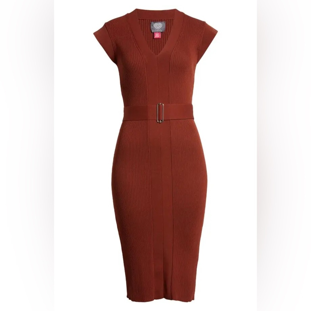 NWT Vince Camuto Brown V-neck Bodycon knit Midi Dress sz L
